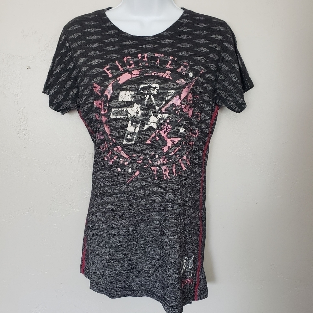 American Fighter Women's Large Black Grey Short Sleeve Graphic Tee Pink Distress